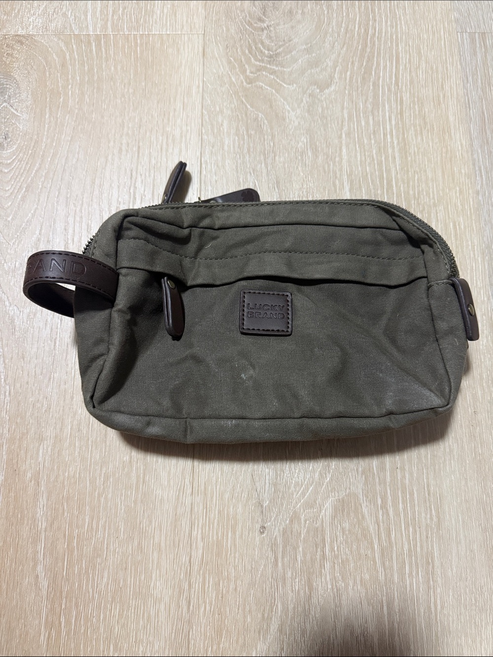 Lucky Brand Olive Green Canvas Toiletry Bag with Brown Trim